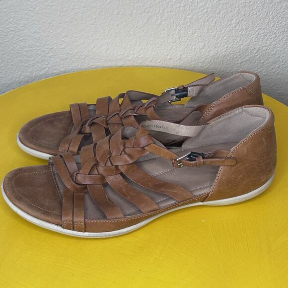ECCO Flash T-Strap Brown Strappy Braided Leather Comfort Sandals Size 42 11 11.5 - Picture 1 of 14